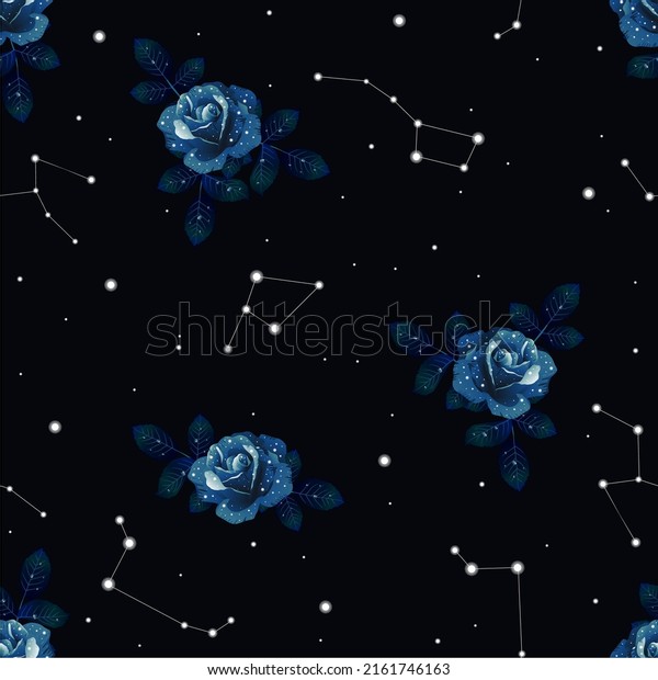 Floral zodiac constellation vector seamless\
pattern. Design for card, fabric, print, greeting, cloth, poster,\
clothes, textile.