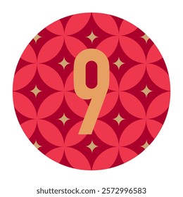 Floral-Inspired Circle Design with Gold Number 9 on Red Background and Star Details