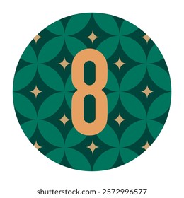 Floral-Inspired Circular Design with a Gold Number 8 on a Green Background, Highlighted by Star Elements