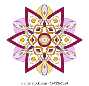 Floral-inspired mandala, with rounded petals and pointed petals. Mandala vector colored with maroon, light yellow, dark yellow and pink colors.
Oriental design with multiple shapes.