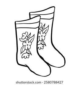 floral-patterned boots, valenki, ideal for coloring books, craft projects, or as decorative elements in home and fashion designs.