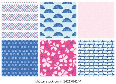 Florals and abstract illustrations. Vector traditional Japanese surface design. Set of seamless hand drawn patterns. For fabric prints, textile, wrapping paper.