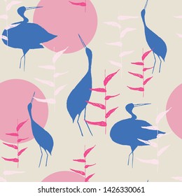 Florals and cranes at sunset. Japanese traditional surface design. Vector seamless hand drawn pattern. For fabric prints, textile, wrapping paper.