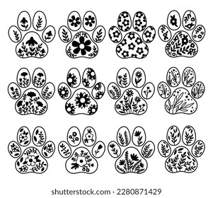 Florals dog paws vector clipart. Flowers paws silhouette clipart