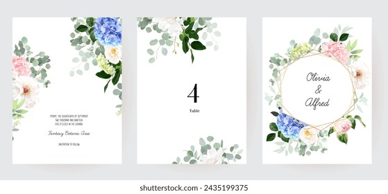 Florals and eucalyptus vector frames. Hand painted branches, hydrangea flowers on white background. Greenery wedding summer invitations. Watercolor style cards. Elements are isolated and editable