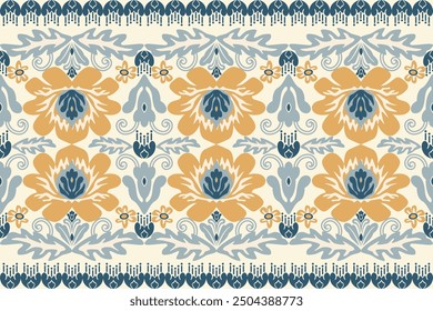 patrón de tela floral estilo damasco dibujado a mano color vintage azul, amarillo 