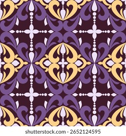 florals fabric pattern Damask style hand drawn and geometric purple ,yellow