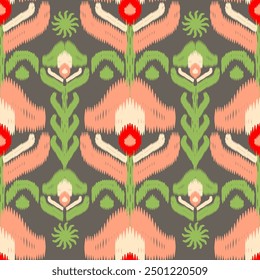 florals fabric pattern ikat style hand drawn vintage color red peach green 