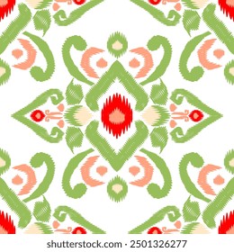 florals fabric pattern ikat style hand drawn vintage color red peach green 