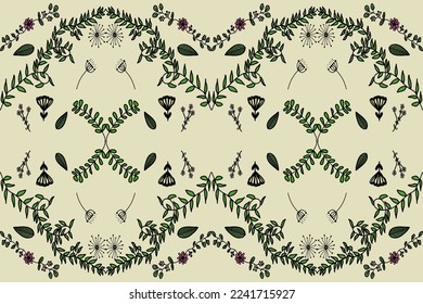 Florals garden seamless pattern in drawing style with leaves and flowers. Designed for background, wallpaper, clothing, wrapping, fabric, Batik, embroidery style.