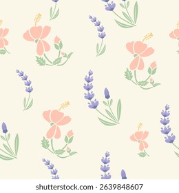 florals hibiscus Pink with Lavender fabric pattern vector flat design