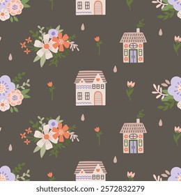 Florals And Houses Spring Seamless Pattern