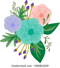 Florals illustration design vector. Blue, botanical art, peach, pink, green, wreath, garden.