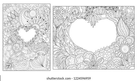 Florals lay in heart shape for cards and coloring book page. Vector illustration