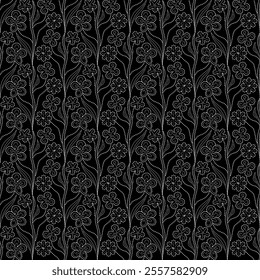 Florals and leaf polka dots repeat seamless pattern.Botanical nature unique hand drawn white on black background.Abstract tropical plan flat style vector.For  textile,package,fabric,banner,decoration.