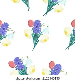Floral,seamless,spring pattern,tulip,hyacinth,snowdrop,narcissus on a white background.Vector pattern can be used in textiles, packaging, postcards.