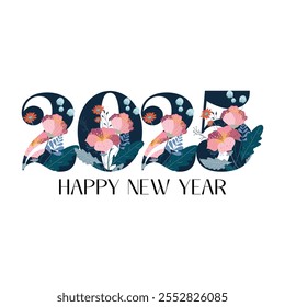 A floral-themed design for the 2025 New Year celebration, showcasing stylized blossoms and foliage intertwined with elegant typography. Delicate floral patterns in vibrant or pastel tones.