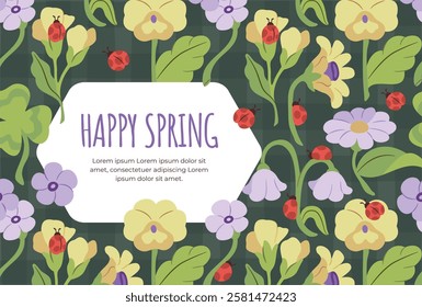 Floral-themed greeting card design featuring yellow and purple flowers, ladybugs, and a cheerful 'Happy Spring' message. Perfect for seasonal promotions, invitations, or decorations.
