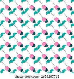 Padrão sem emenda com tema floral apresentando tulipas rosa delicadas com folhas verdes vibrantes sobre um fundo branco. Perfeito para desenhos têxteis, papel de parede,