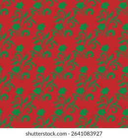 Floral-themed seamless pattern featuring green decorative flowers and vines over a solid red background.