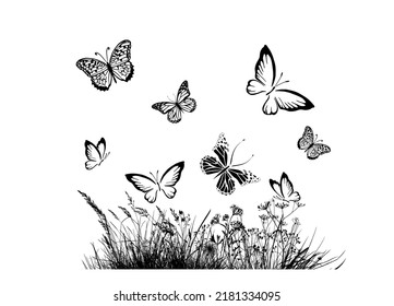 Florar silhouette with butterflies. Vector illustration