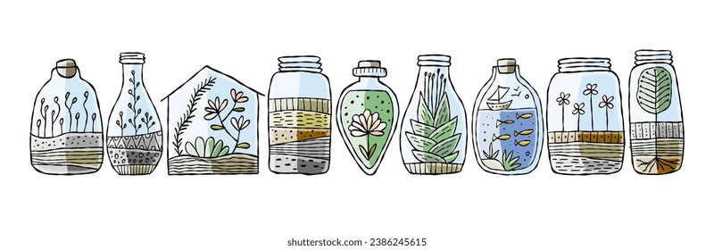 Florarium in bottle set with cactuses, succulents, leaves, branches, stones and seashells decoration on sand. Exotic small house plant, home miniature garden. Floral terrarium collection for your