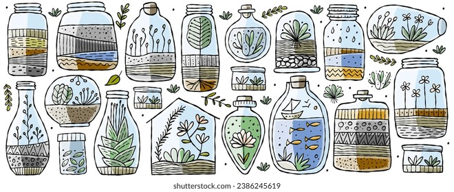 Florarium in bottle set with cactuses, succulents, leaves, branches, stones and seashells decoration on sand. Exotic small house plant, home miniature garden. Floral terrarium. Horizontal banner for