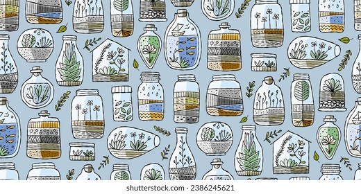 Florarium in bottle set with cactuses, succulents, leaves, branches, stones and seashells decoration on sand. Exotic small house plant, home miniature garden. Floral terrarium. Seamless pattern