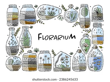 Florarium in bottle set with cactuses, succulents, leaves, branches, stones and seashells decoration on sand. Exotic small house plant, home miniature garden. Floral terrarium. Horizontal card for