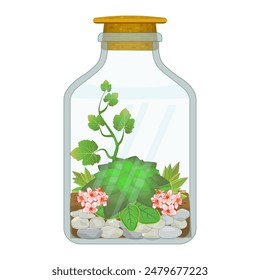 Florarium en frasco de vidrio, aislado sobre fondo blanco. Jardín en miniatura en botella de vidrio con corcho. Terrario floral con suculentas, plantas y flores. Ilustración vectorial de acciones