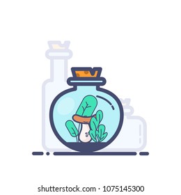 Florarium with mushrooms and grass on shelf. Flat outline vector illustration
