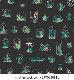 florarium with plants vector seamless pattern