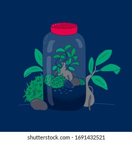 Florarium. Terrarium with plants. A modern kind of art, a hobby, interior decoration. Layout for t-shirts and prints. Doodle style. Freehand drawing in the modern style. Scandinavian style clipart. 