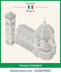 Ilustração isométrica da Catedral de Florença feita com textura pontilhada, técnica de pontilhismo. Cartaz vetorial