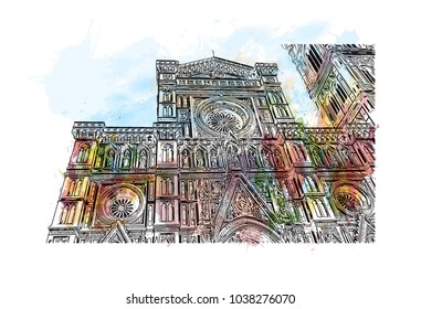 Florence City in Italy. Watercolor splash with hand drawn sketch illustration in vector.