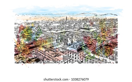 Florence City in Italy. Watercolor splash with hand drawn sketch illustration in vector.