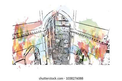 Florence City in Italy. Watercolor splash with hand drawn sketch illustration in vector.