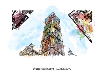 Florence City in Italy. Watercolor splash with hand drawn sketch illustration in vector.