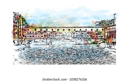 Florence City in Italy. Watercolor splash with hand drawn sketch illustration in vector.