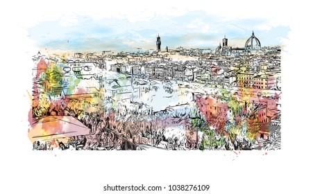 Florence City in Italy. Watercolor splash with hand drawn sketch illustration in vector.