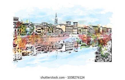 Florence City in Italy. Watercolor splash with hand drawn sketch illustration in vector.