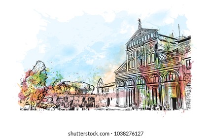 Florence City in Italy. Watercolor splash with hand drawn sketch illustration in vector.