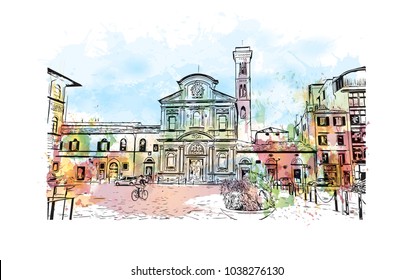 Florence City in Italy. Watercolor splash with hand drawn sketch illustration in vector.