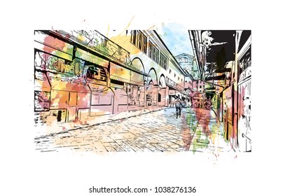 Florence City in Italy. Watercolor splash with hand drawn sketch illustration in vector.