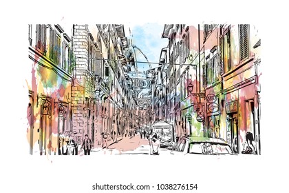 Florence City in Italy. Watercolor splash with hand drawn sketch illustration in vector.