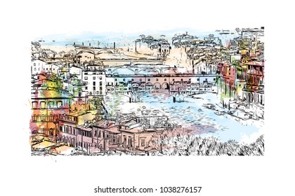 Florence City in Italy. Watercolor splash with hand drawn sketch illustration in vector.