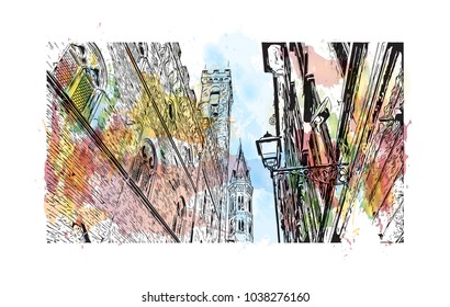 Florence City in Italy. Watercolor splash with hand drawn sketch illustration in vector.