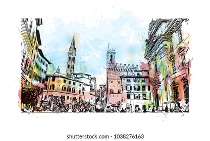 Florence City in Italy. Watercolor splash with hand drawn sketch illustration in vector.
