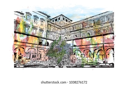Florence City in Italy. Watercolor splash with hand drawn sketch illustration in vector.