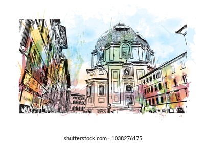 Florence City in Italy. Watercolor splash with hand drawn sketch illustration in vector.